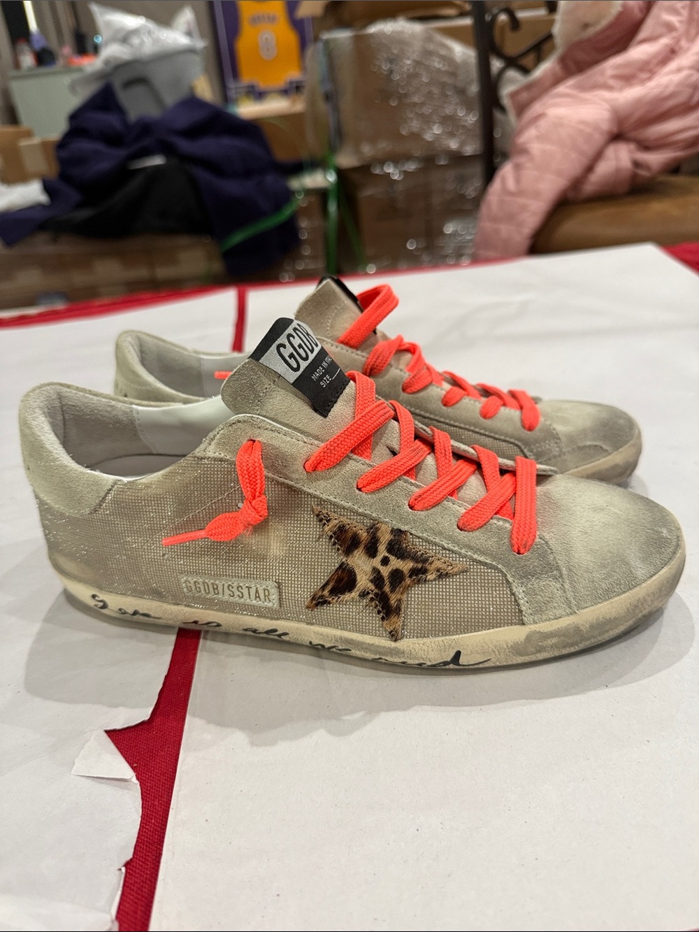 Golden Goose Beige/ grey Canvas Sneakers with Leopard Star and Neon Orange Laces
